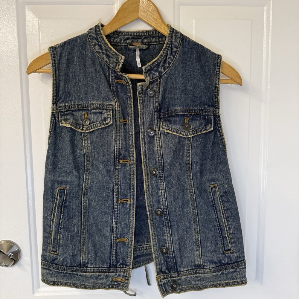 Free People Tate Denim Vest Lace Up Western Boho Country Med Wash Womens Size XS